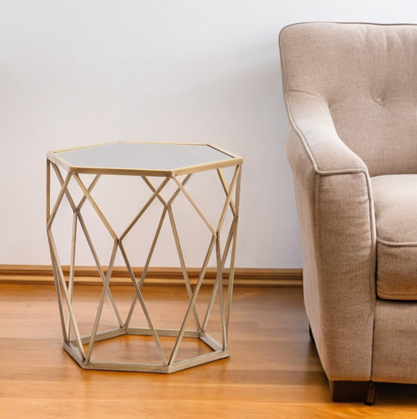 19 Gold And Reflective Glass Hexagon Mirrored End Table