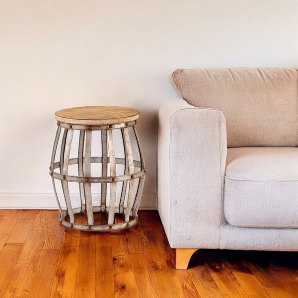 18 Silver And Natural Manufactured Wood Round End Table