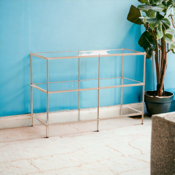 42 Clear and Gold Glass Mirrored Floor Shelf Console Table With Storage