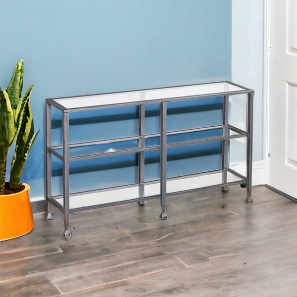 49 Clear and Silver Glass Distressed Floor Shelf Console Table With Storage