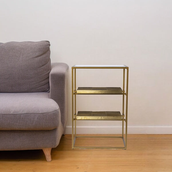 24 Brass Glass And Iron Rectangular End Table With Two Shelves