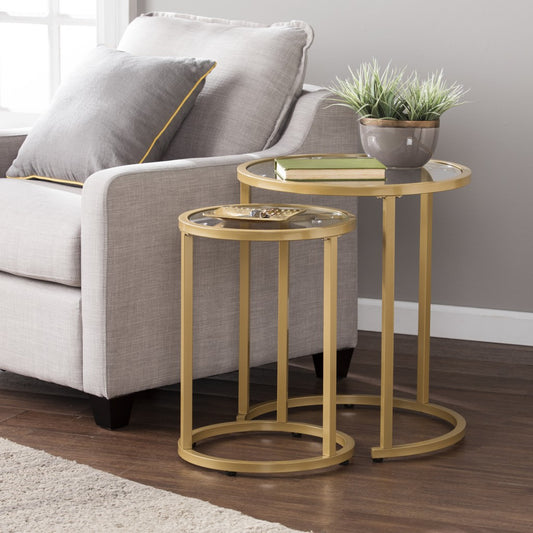 Set Of Two 23" Gold Glass And Steel Round Nested Tables