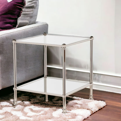 24" Silver Glass And Iron Square Mirrored End Table