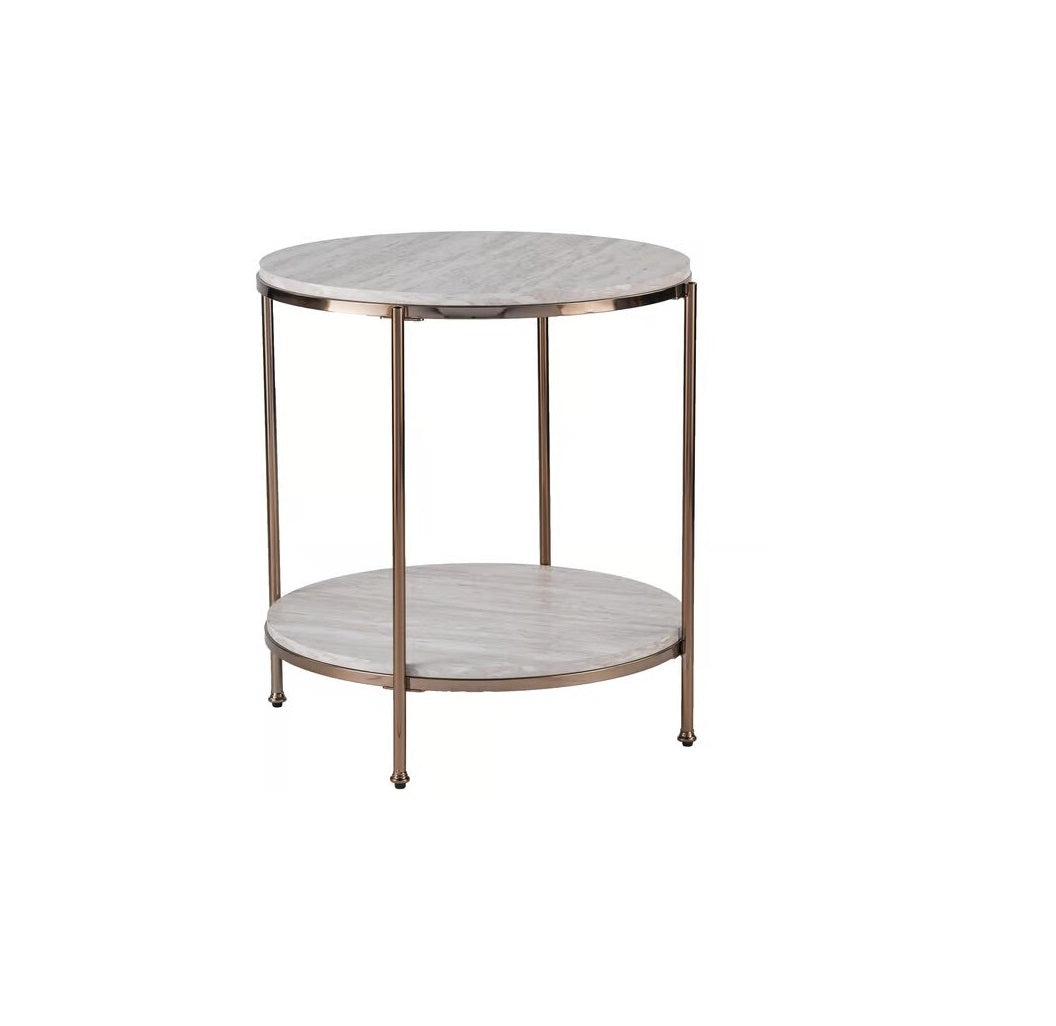 24" Champagne Faux Marble And Iron Round End Table With Shelf