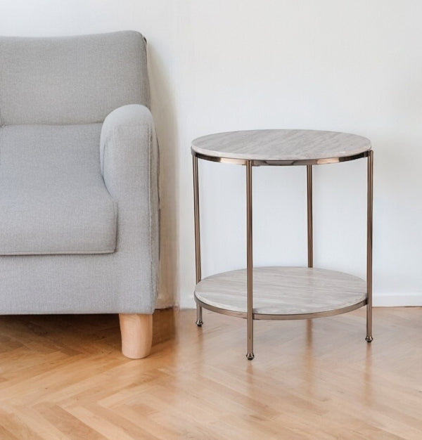 24 Champagne Faux Marble And Iron Round End Table With Shelf