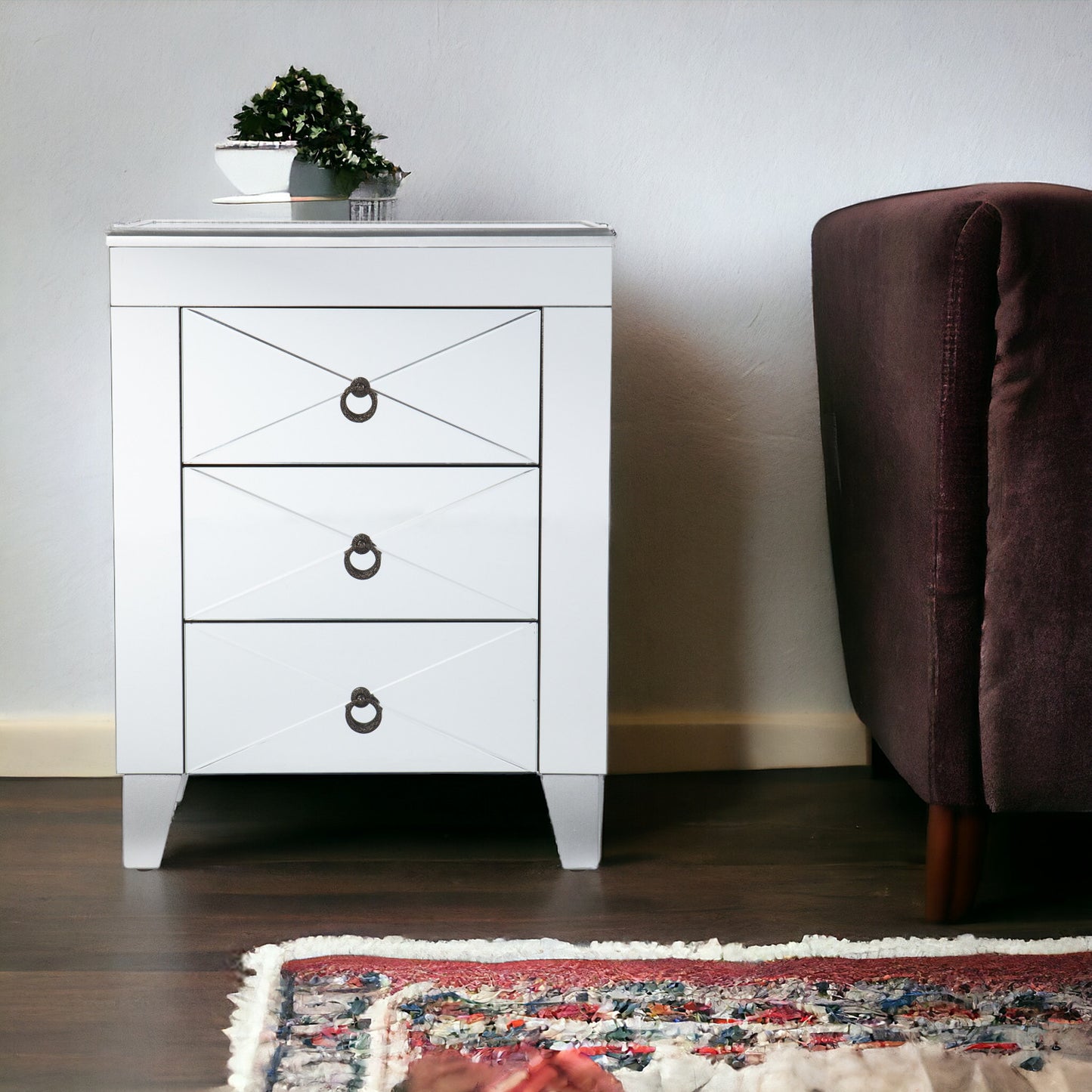 26" Silver End Table With Three Drawers