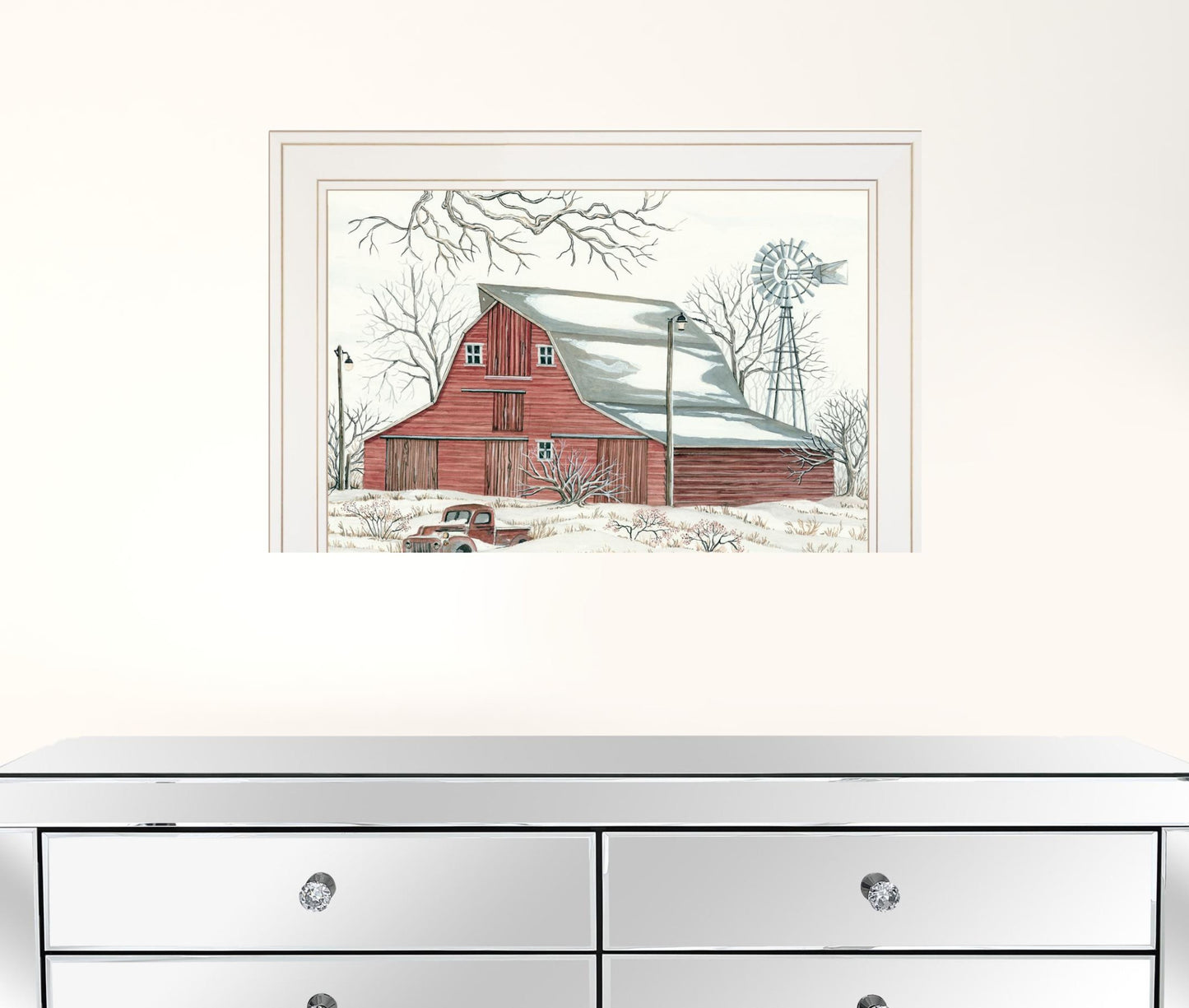 Winter Barn with Pickup Truck 1 White Framed Print Wall Art