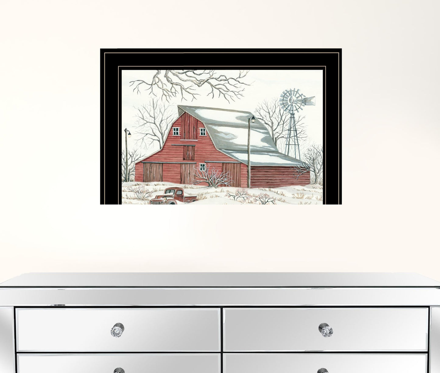 Winter Barn with Pickup Truck 2 Black Framed Print Wall Art