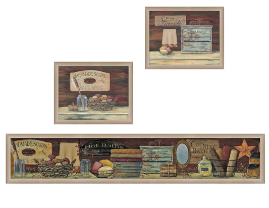 Set Of Three COUNTRY BATH II 7 Brown Framed Print Bathroom Wall Art