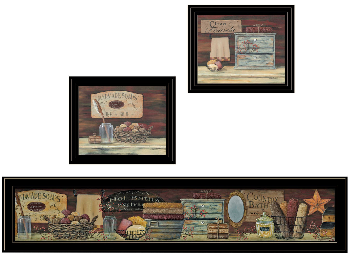 Set Of Three Country Bath 2 Black Framed Print Bathroom Wall Art