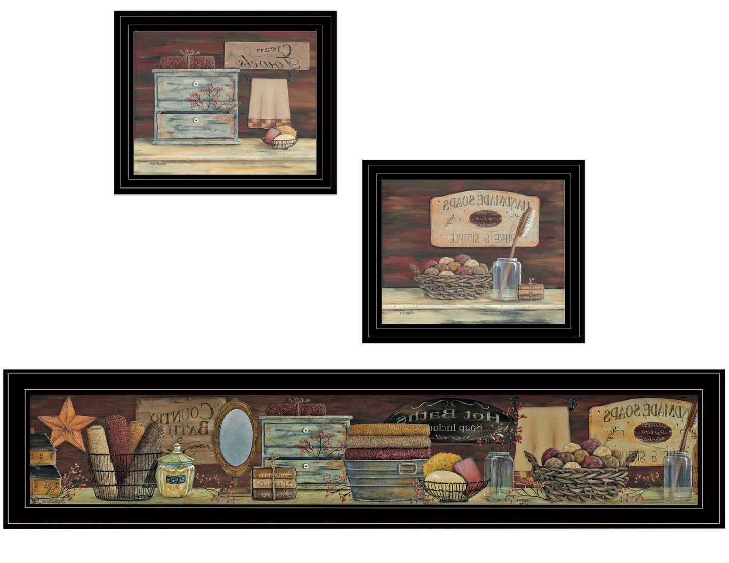 Set Of Three Country Bath 2 Black Framed Print Bathroom Wall Art