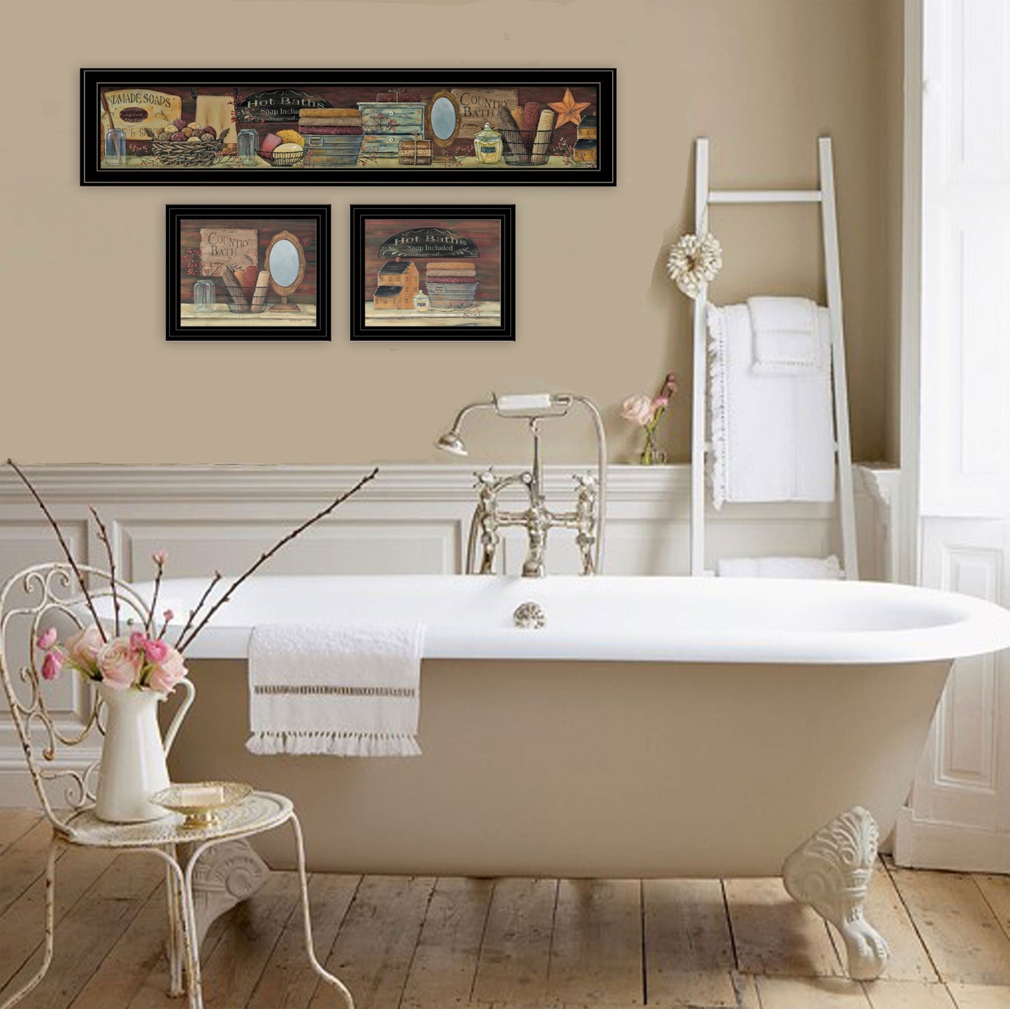 Set Of Three Country Bath 10 Black Framed Print Bathroom Wall Art