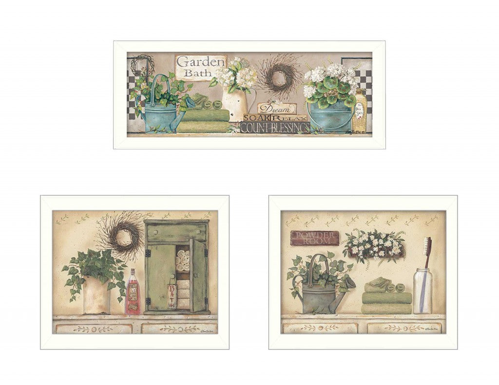 Set Of Three Garden Bath 1 White Framed Print Bathroom Wall Art