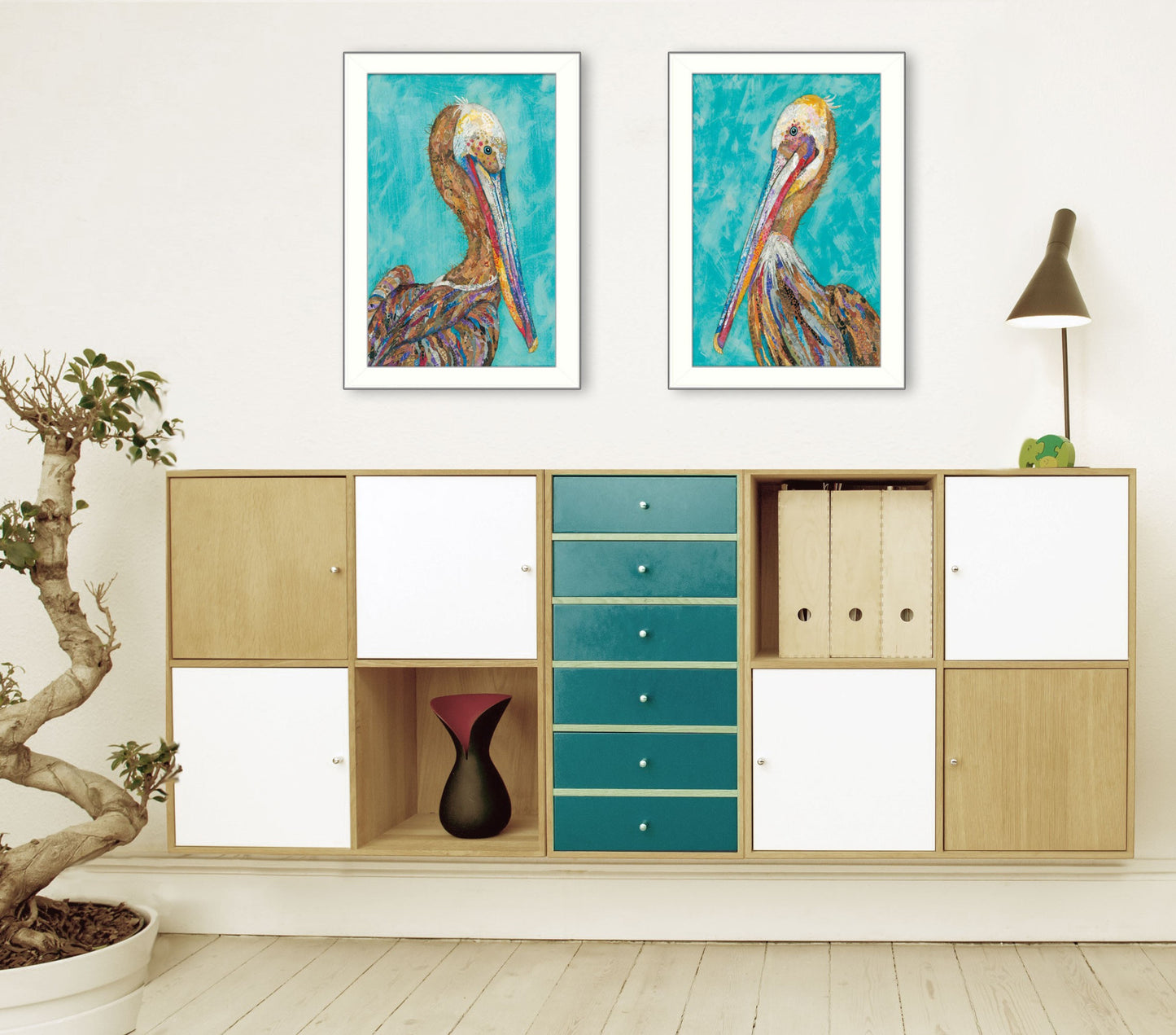 Set Of Two Pelicans White Framed Print Wall Art