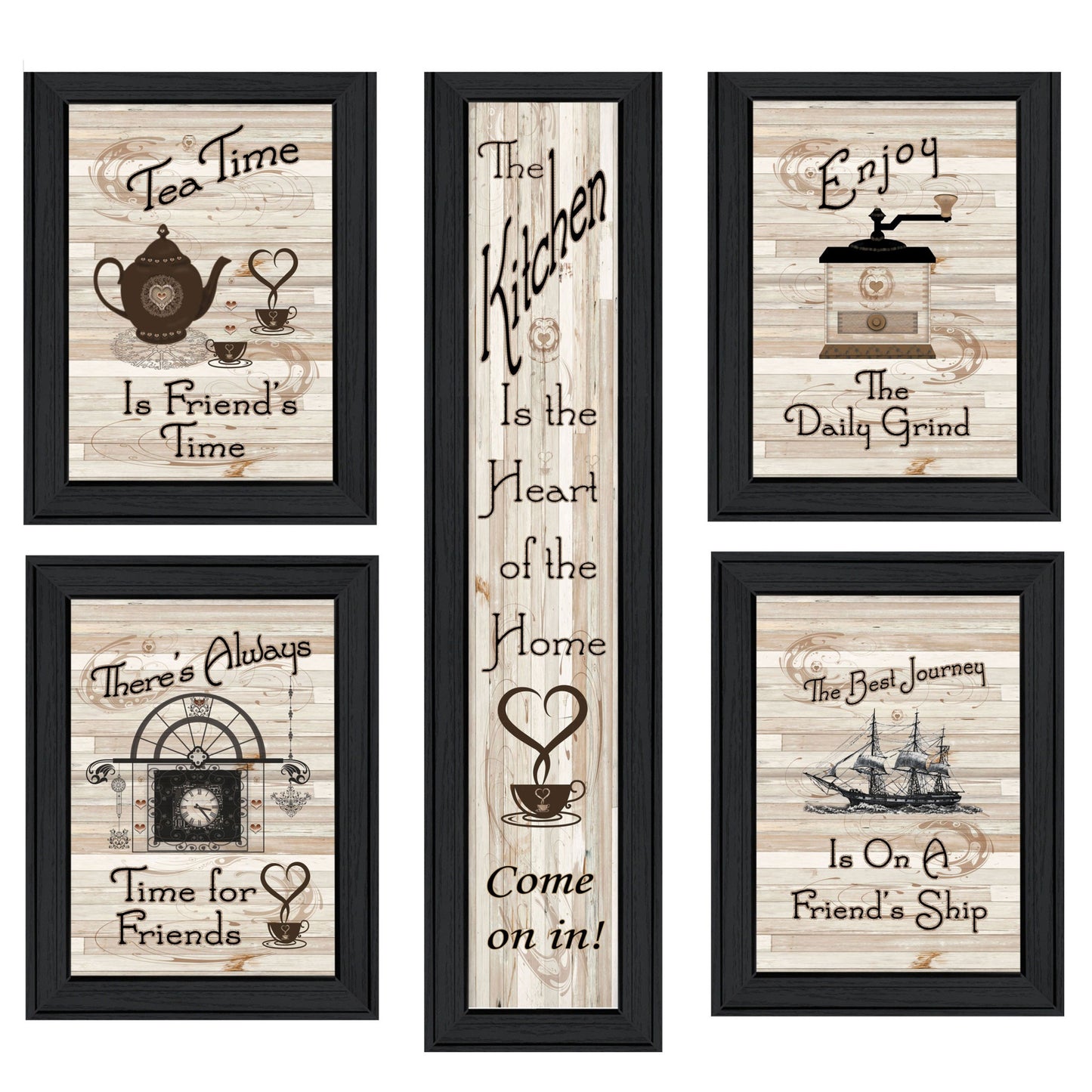 Set Of Five Kitchen Friendship 2 Black Framed Print Kitchen Wall Art