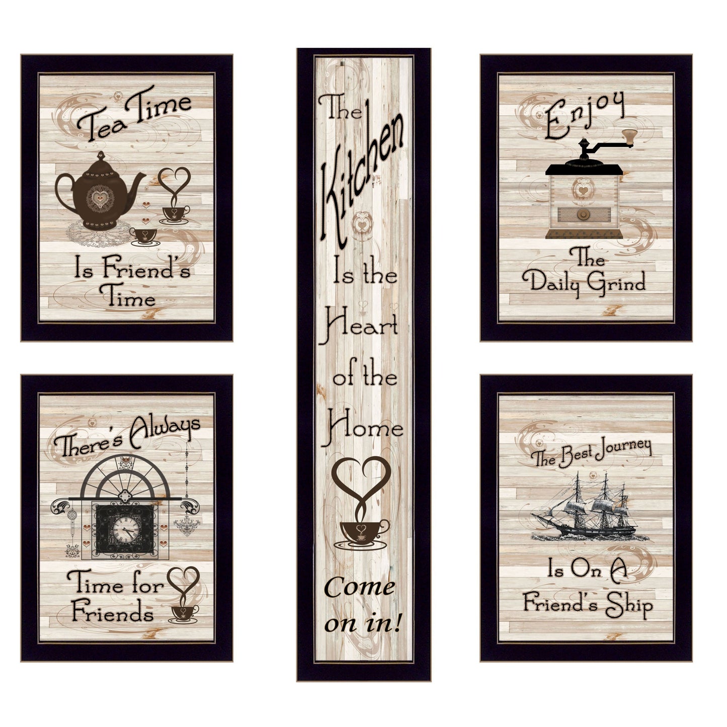 Set Of Five Kitchen Friendship 2 Black Framed Print Kitchen Wall Art