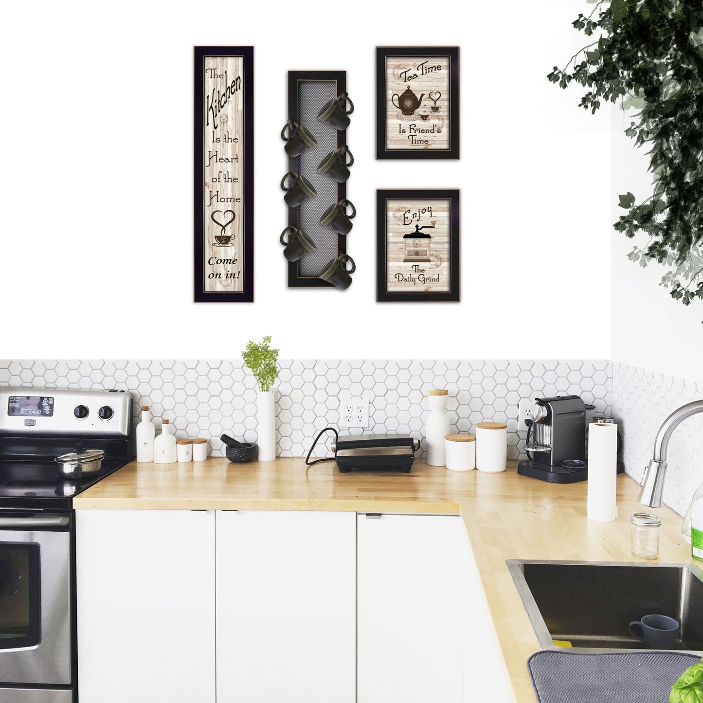 Set Of Four Kitchen Collection V with Seven Peg Mug Rack 3 Black Framed Print Kitchen Wall Art