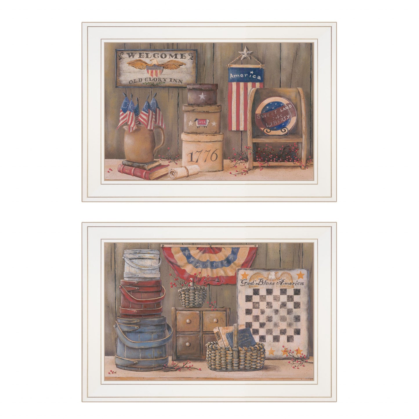 Set Of Two God Bless or Sweet Land 1 White Framed Print Wall Art