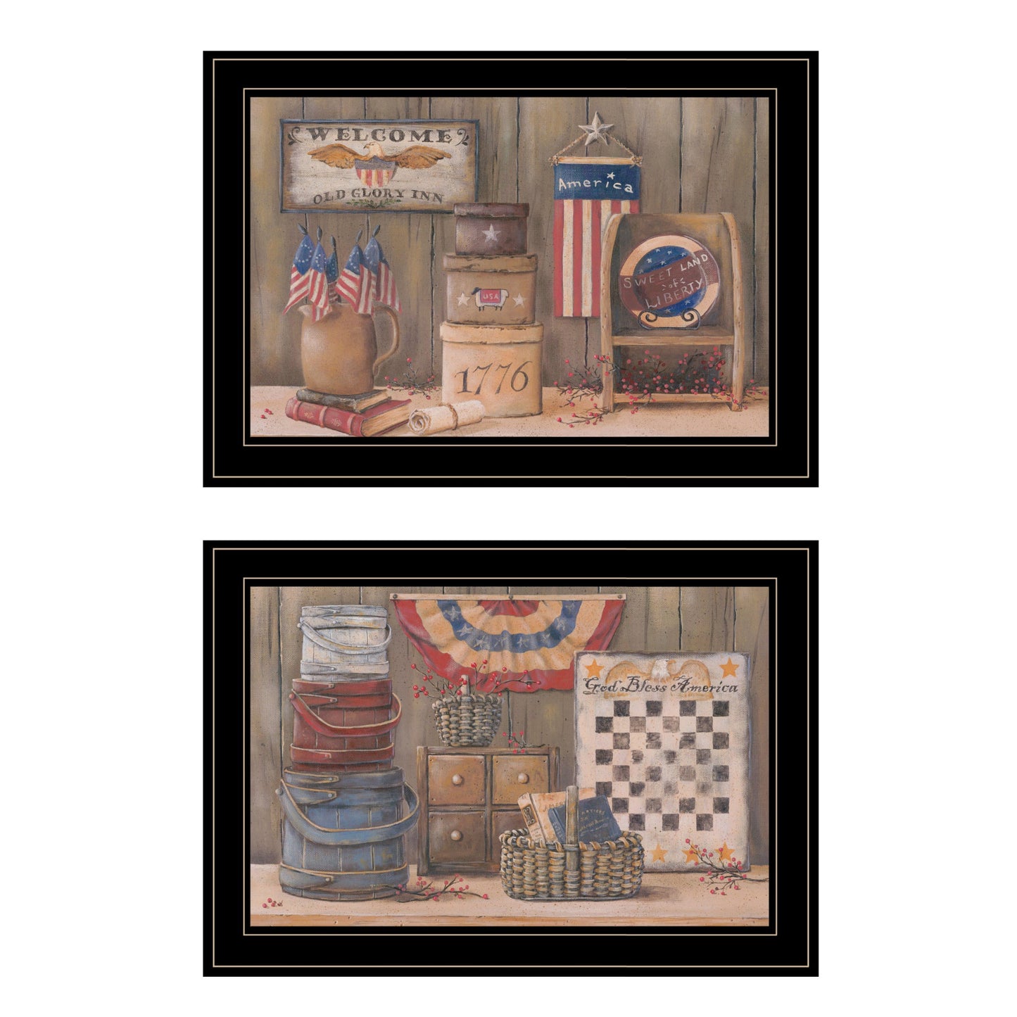 Set Of Two God Bless or Sweet Land 2 Black Framed Print Wall Art