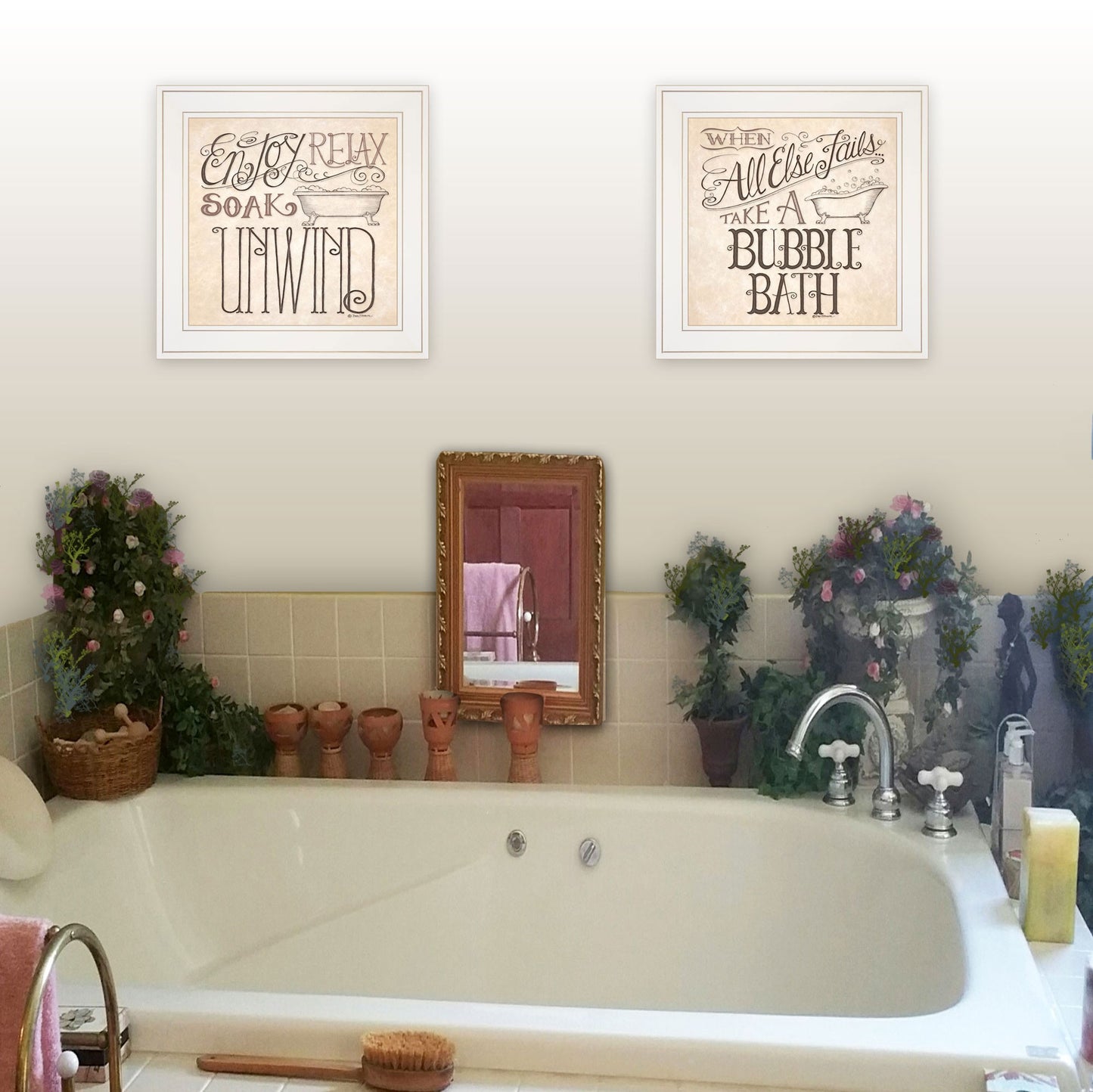 Set Of Two Soak and Unwind 2 White Framed Print Bathroom Wall Art