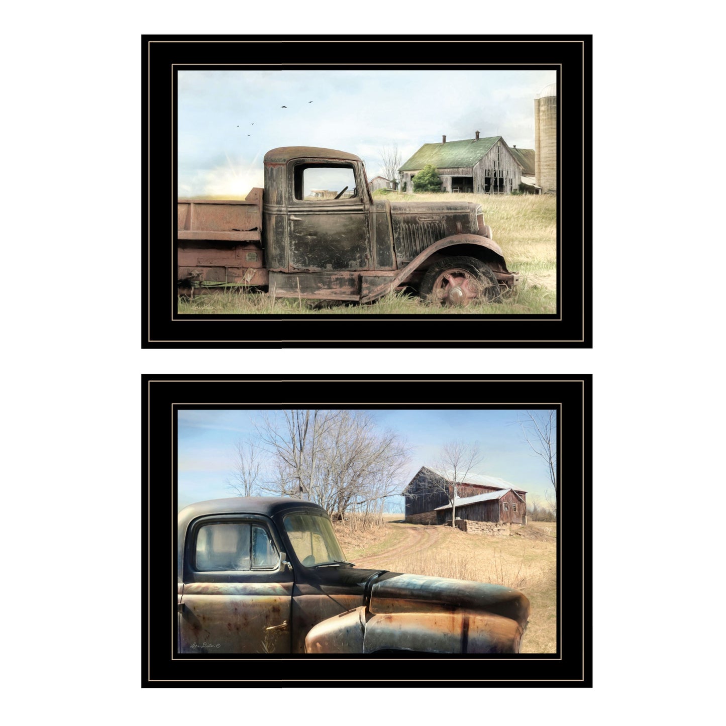 Set Of Two Vintage Farm Trucks 2 Black Framed Print Wall Art