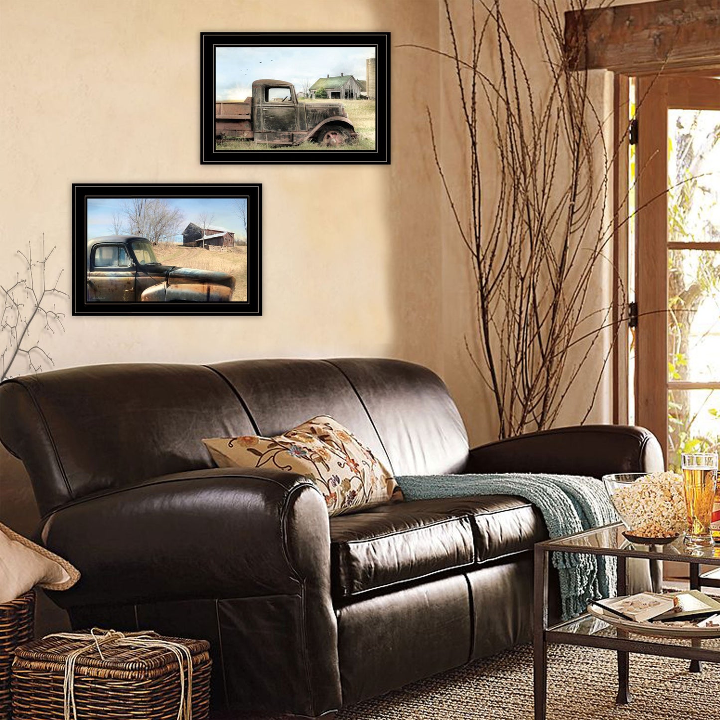 Set Of Two Vintage Farm Trucks 2 Black Framed Print Wall Art