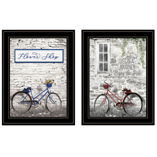 Set Of Two Romantic Bicycles 2 Black Framed Print Wall Art