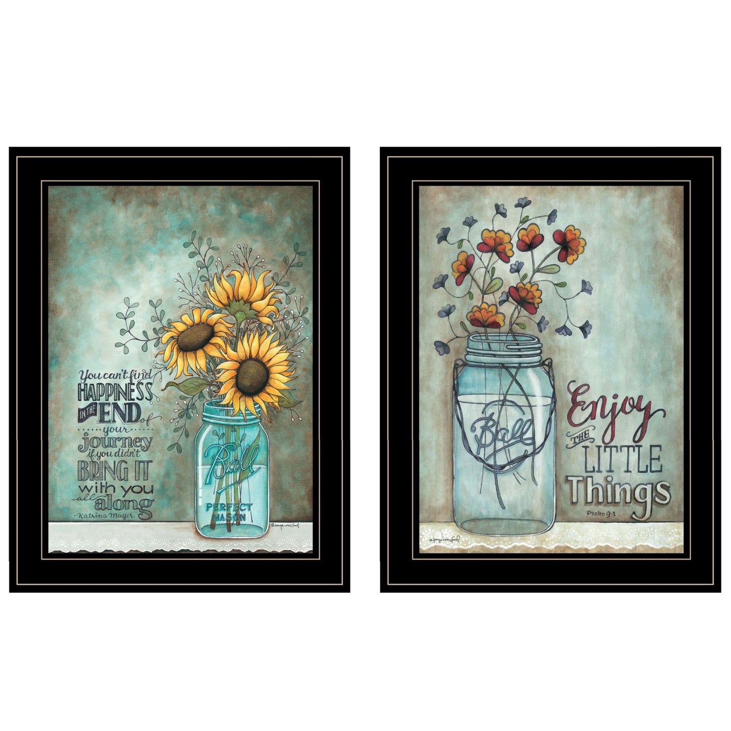 Set Of Two Enjoy the Little Things or Happiness 2 Black Framed Print Wall Art