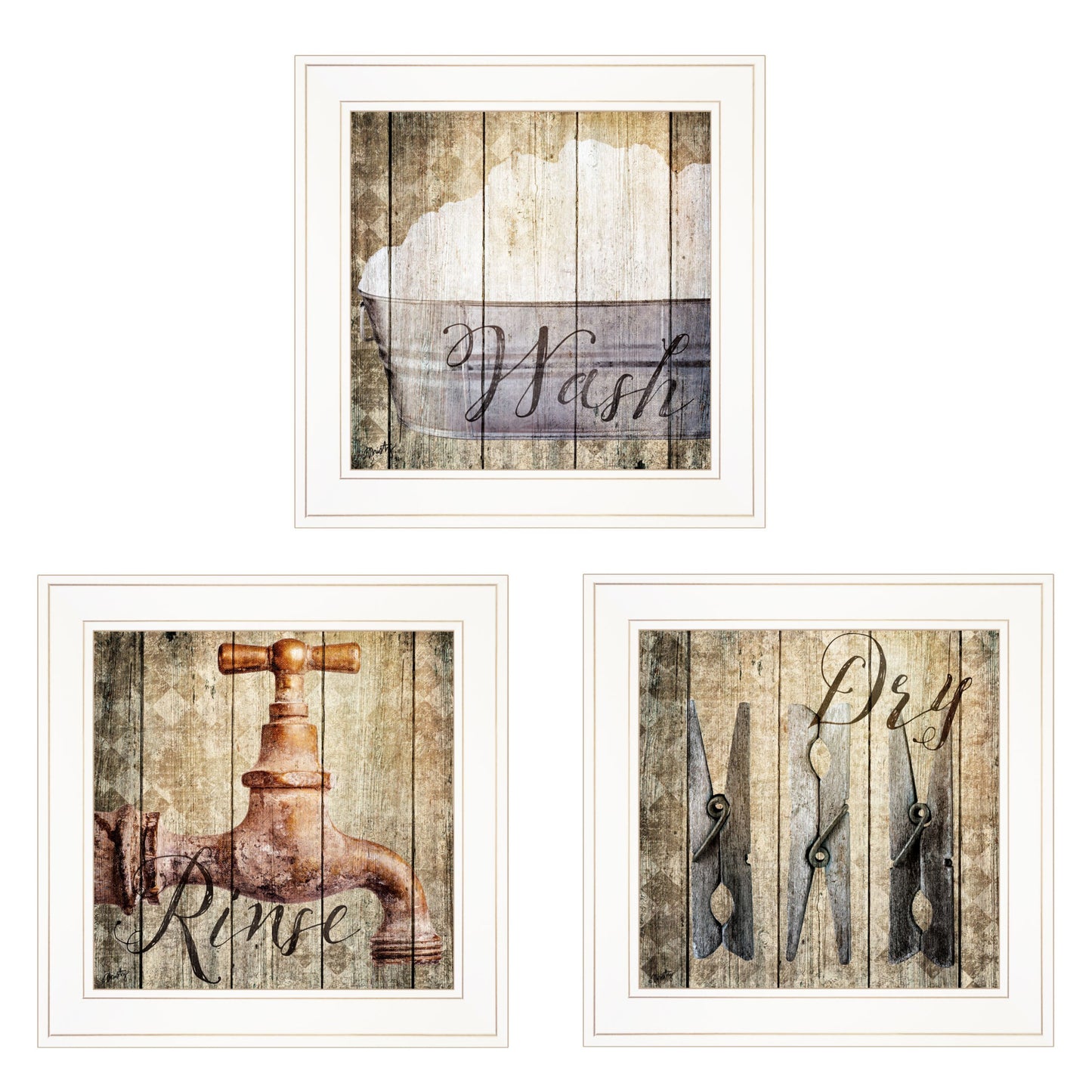 Set Of Three Wash 1 White Framed Print Bathroom Wall Art