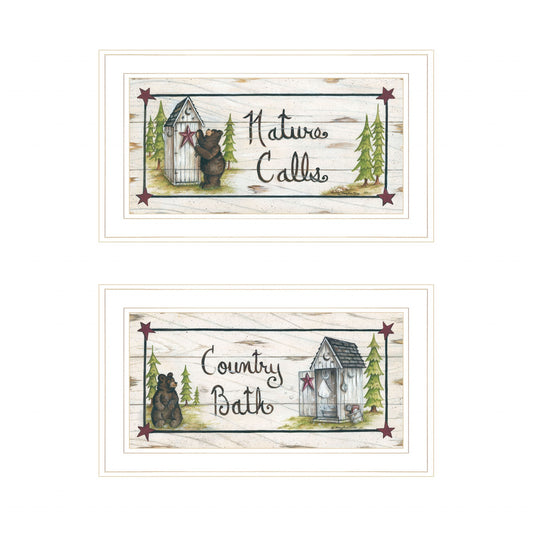 Set Of Two Nature Calls 1 White Framed Print Bathroom Wall Art