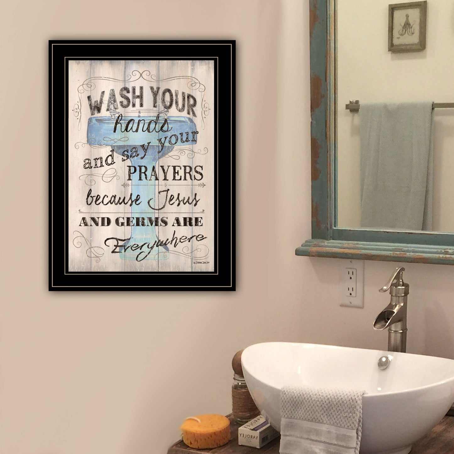 Wash Your Hands Jesus and Germs Black Framed Print Wall Art