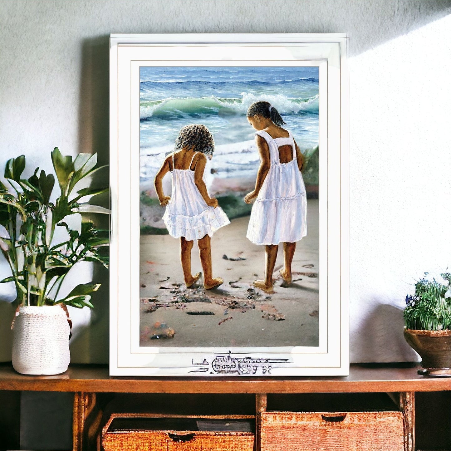 Two Girls At The Beach 2 White Framed Print Wall Art