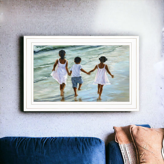 Running On The Beach 2 White Framed Print Wall Art