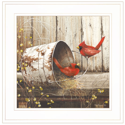 Rustic Two Cardinals White Framed Print Wall Art