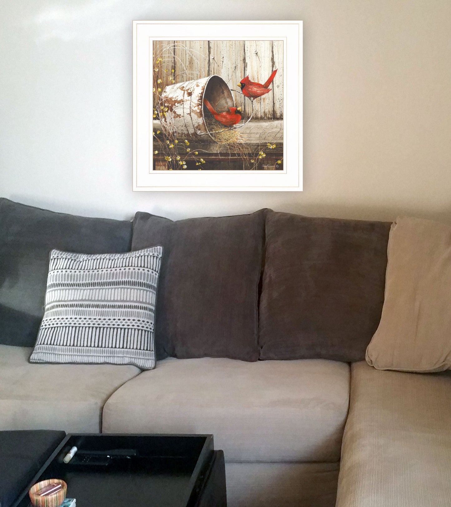 Rustic Two Cardinals White Framed Print Wall Art