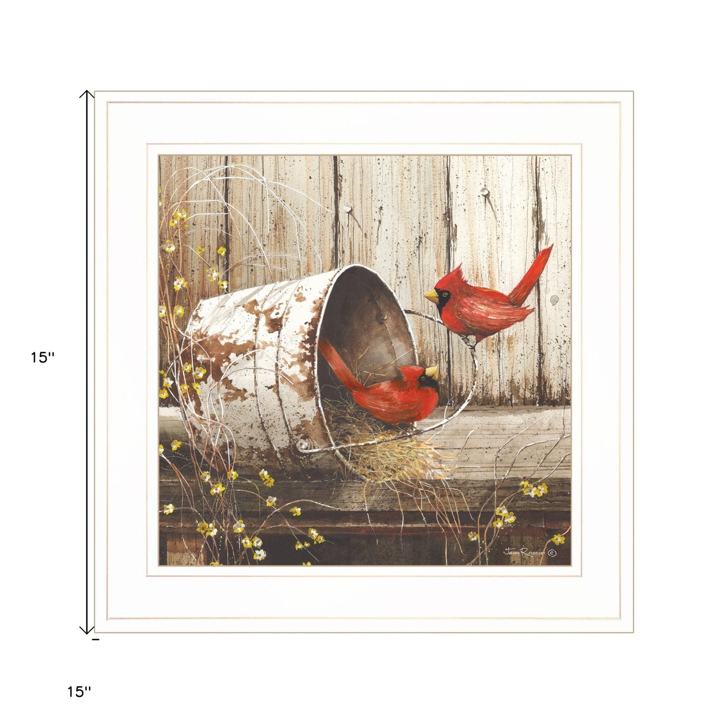 Rustic Two Cardinals White Framed Print Wall Art