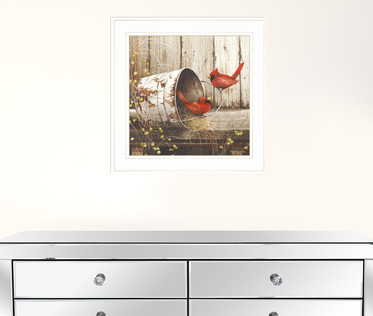 Rustic Two Cardinals White Framed Print Wall Art