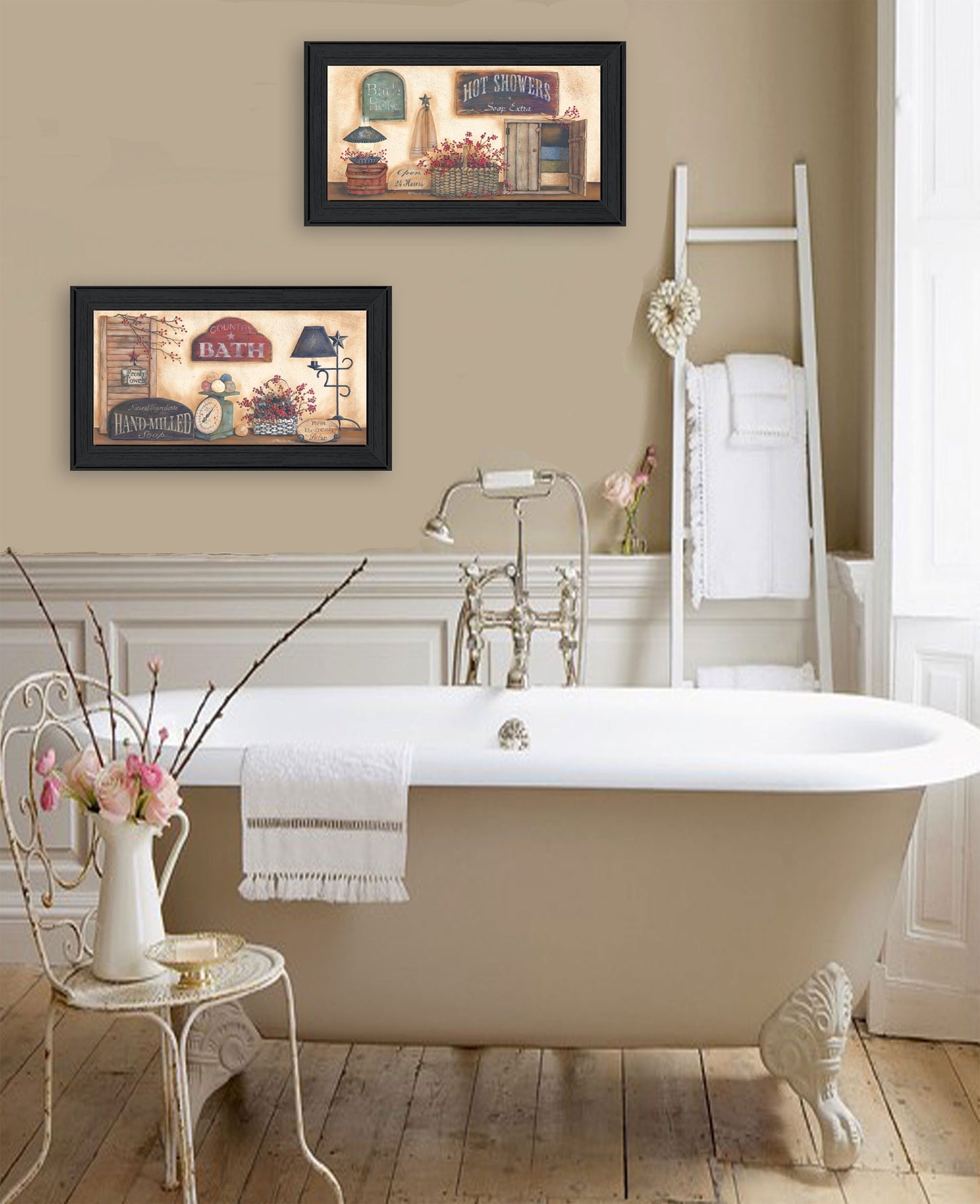 Set Of Two Bath 3 Black Framed Print Bathroom Wall Art