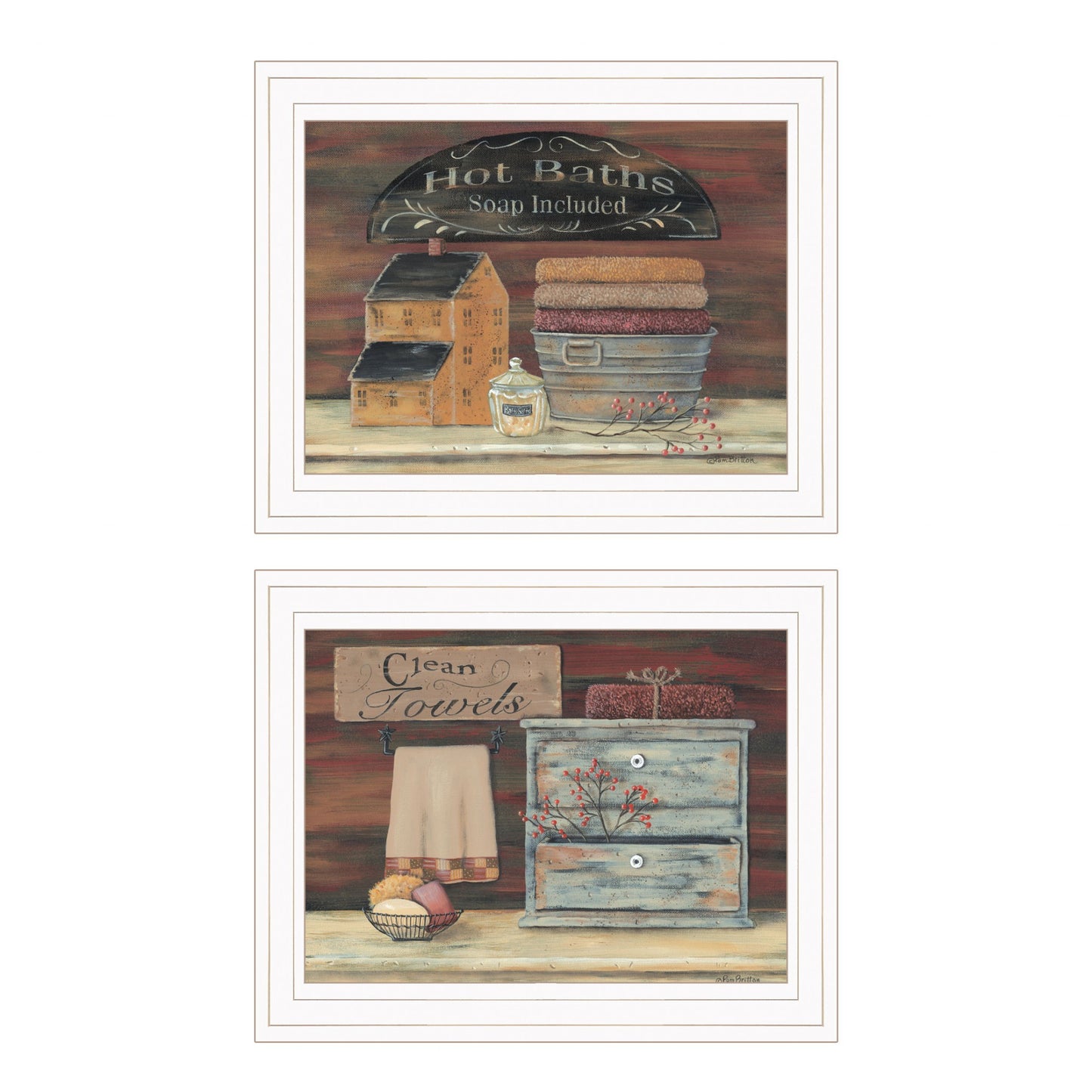 Set Of Two Hot Bath or Clean Towels 1 White Framed Print Bathroom Wall Art