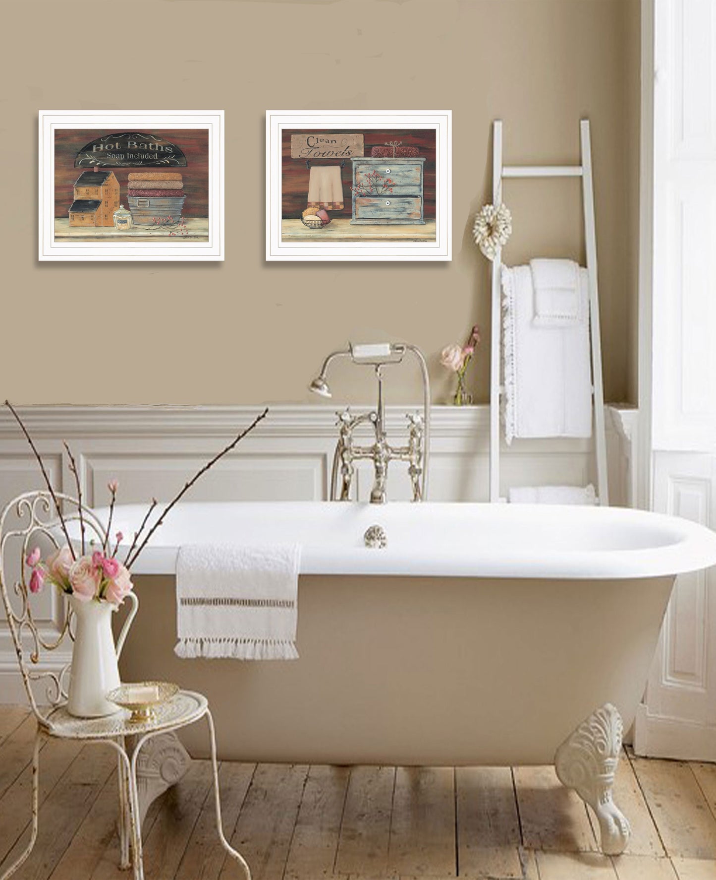 Set Of Two Hot Bath or Clean Towels 1 White Framed Print Bathroom Wall Art