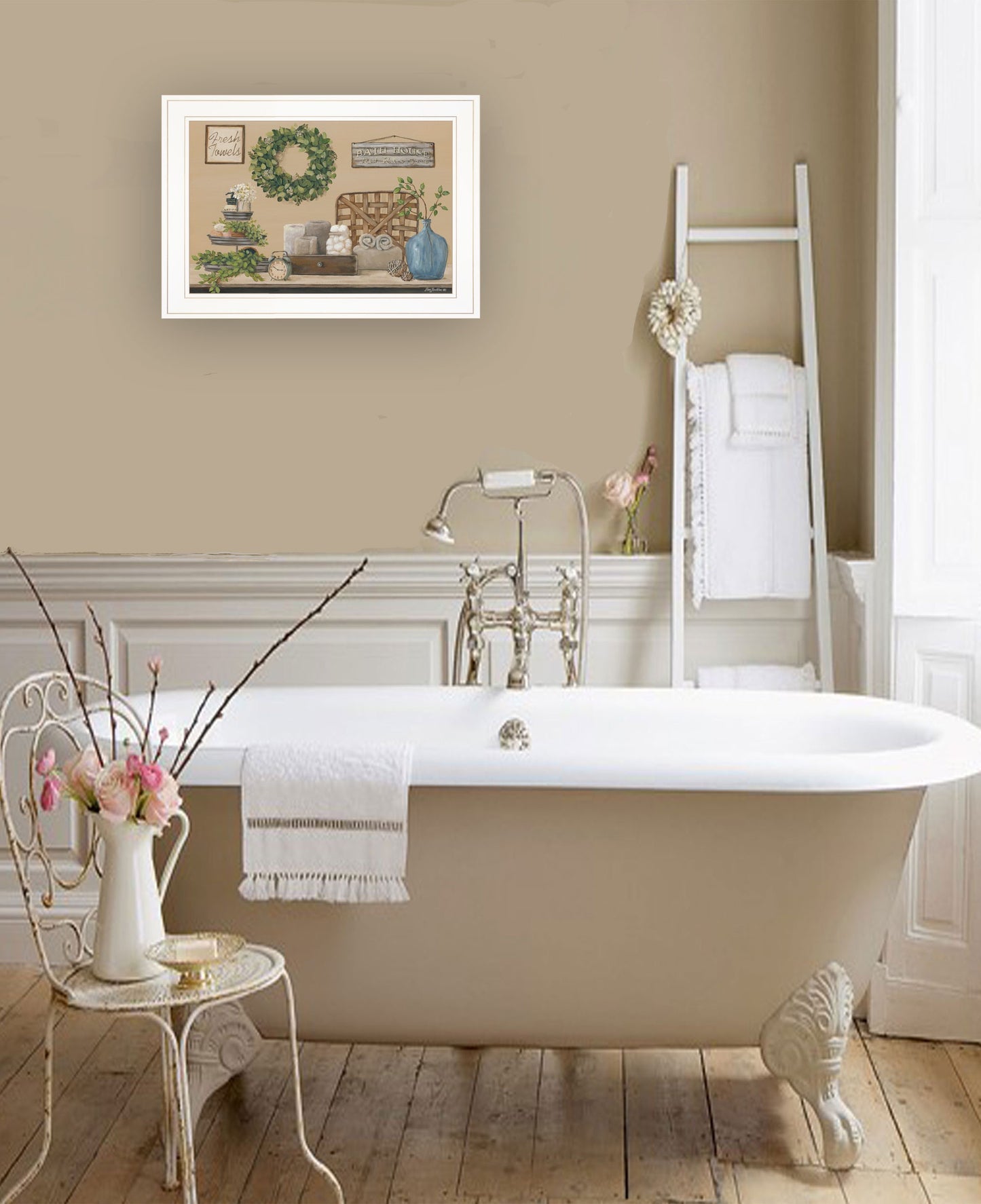 Farmhouse Bath I 2 White Framed Print Bathroom Wall Art