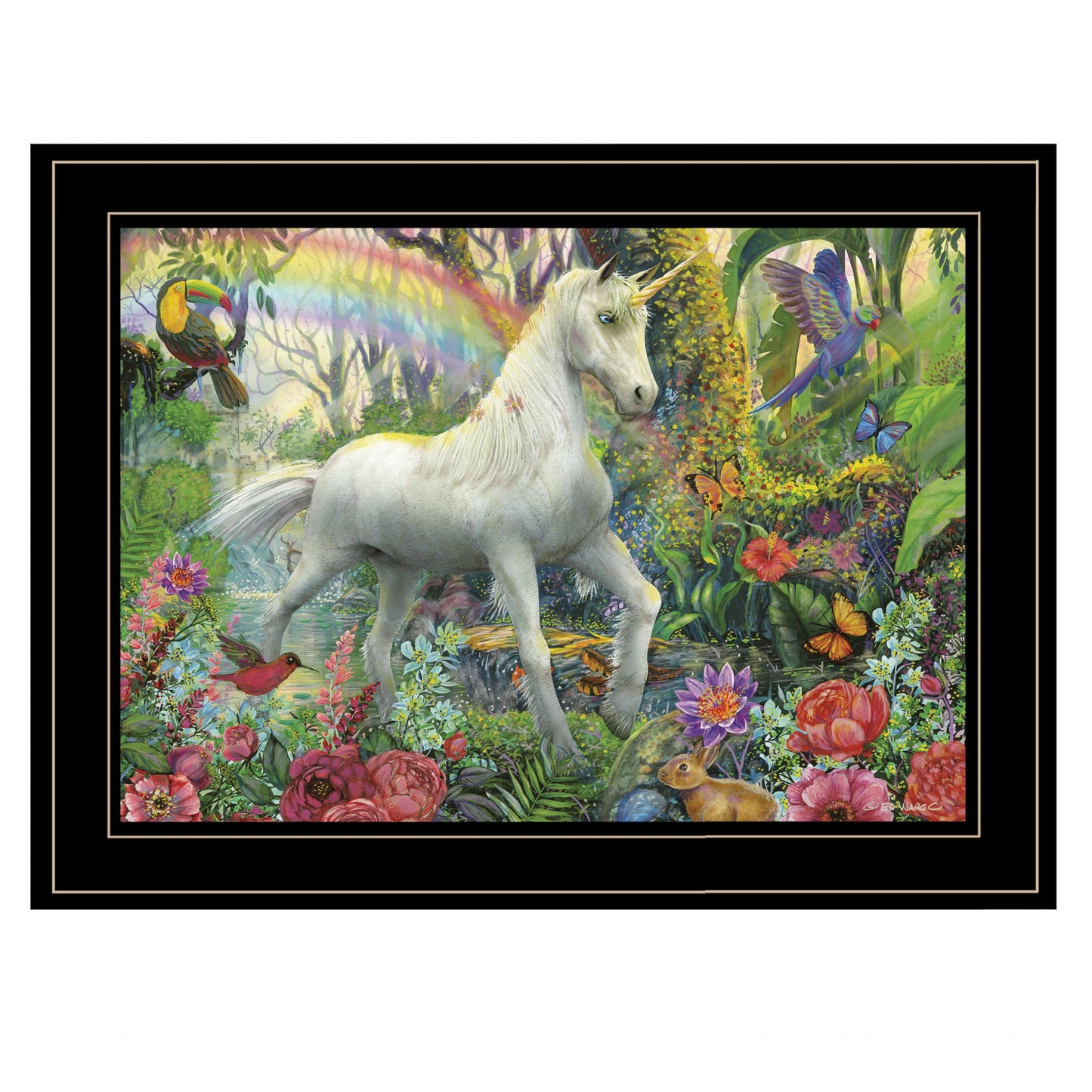 Rainbow Unicorn 3 Black Framed Print Wall Art