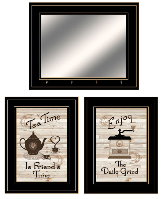 Set Of Three Enjoy Tea Time 7 Black Framed Print Kitchen Wall Art and Mirror