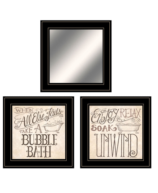 Set Of Three Soak and Unwind 4 Black Framed Print Bathroom Wall Art