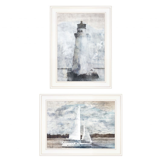 Set Of Two Lighthouse Sailboat 1 White Framed Print Wall Art