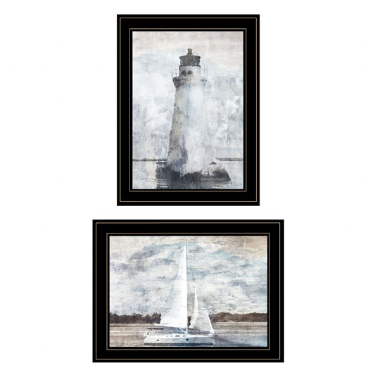 Set Of Two Lighthouse Sailboat 2 Black Framed Print Wall Art