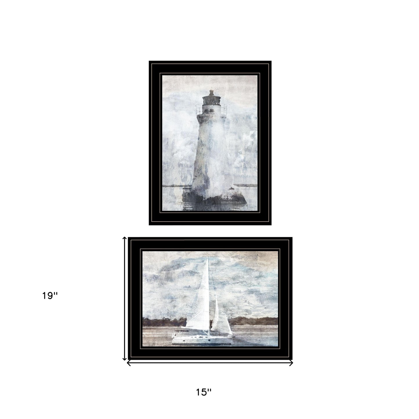 Set Of Two Lighthouse Sailboat 2 Black Framed Print Wall Art