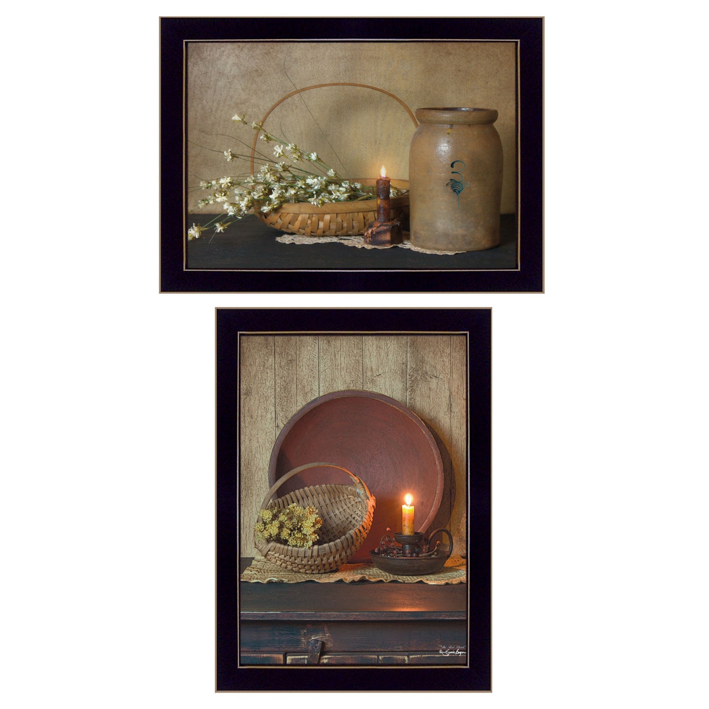 Set Of Two Candle Light and Flowers 3 Black Framed Print Wall Art