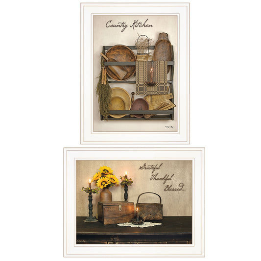 Set Of Two Grateful and Blessed White Framed Print Kitchen Wall Art