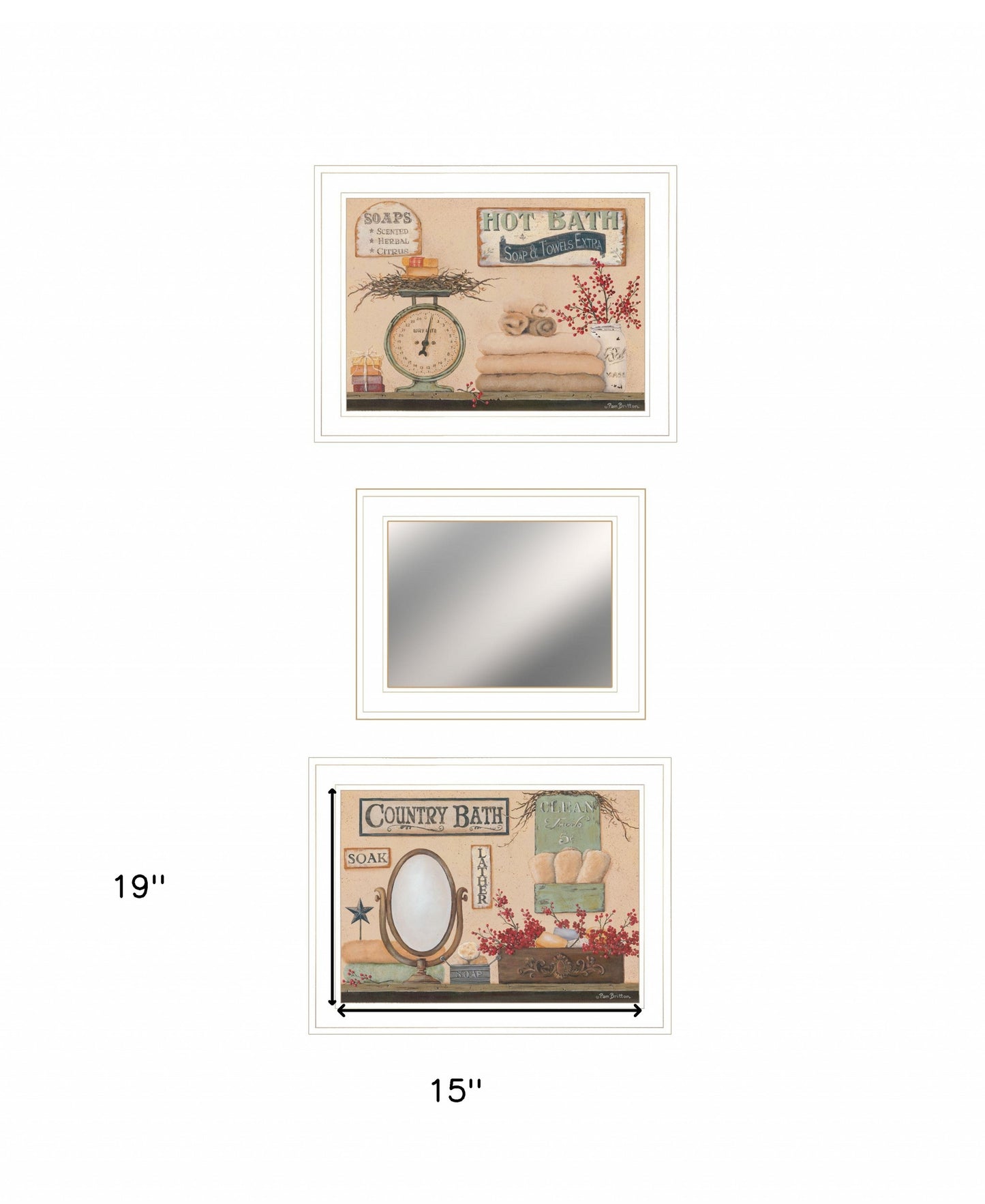 Set Of Three Wash Room White Rim Frame Bathroom Wall Art with Mirror